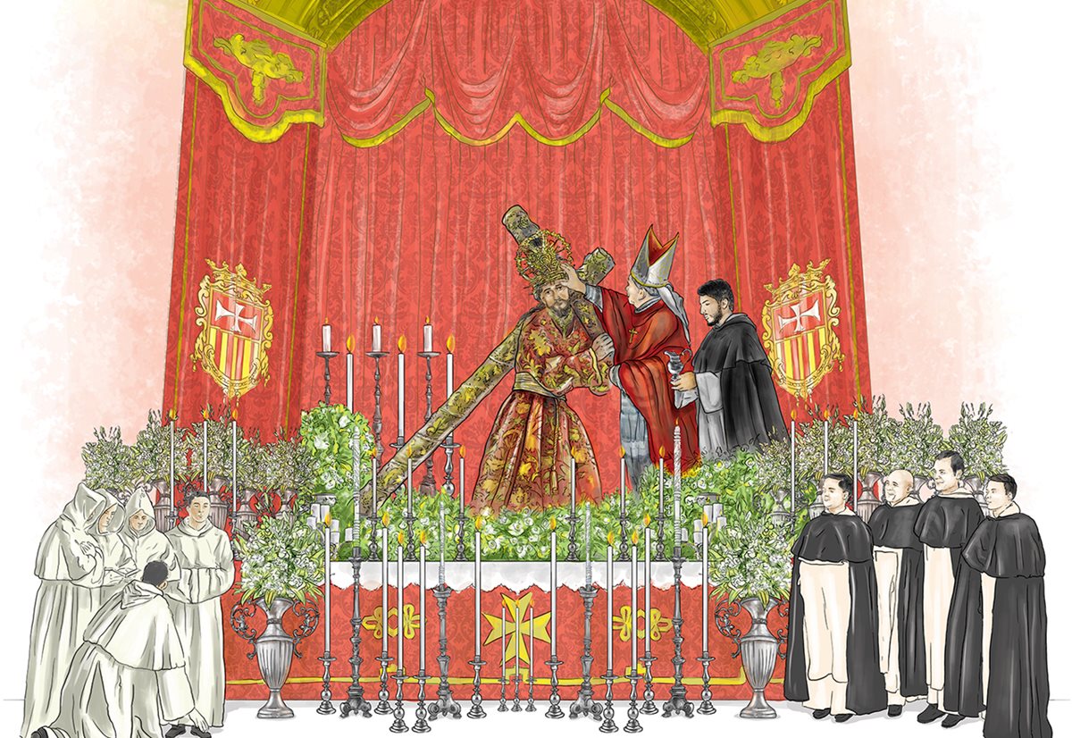 Ilustración que recrea el momento de la consagración de Jesús de la Merced el 5 de agosto de 1717. Esta es la primera vez que se realiza en América. (Ilustración: Diego Sac)