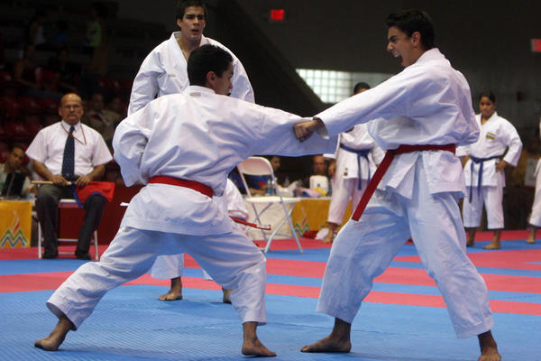 El equipo formado por Alejandro y Guido Abdala, además de Pedro Marroquín, ganaron esta tarde la presea de plata en kata por equipos en Mayagüez 2010. (Foto Prensa Libre: Fernando Ruiz)<br _mce_bogus="1"/>