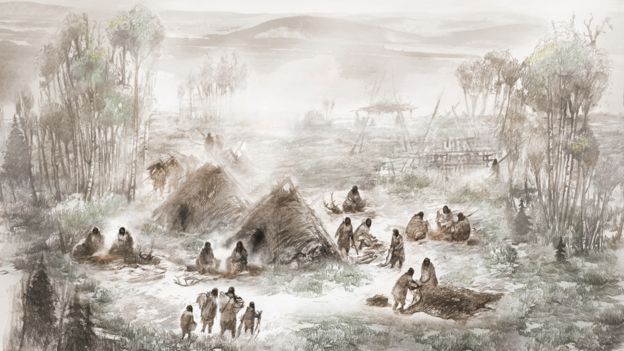 Esta ilustración muestra como habrían vivido los "beringios" en Upward Sun River. Ilustración: Eric. S. Carlson.