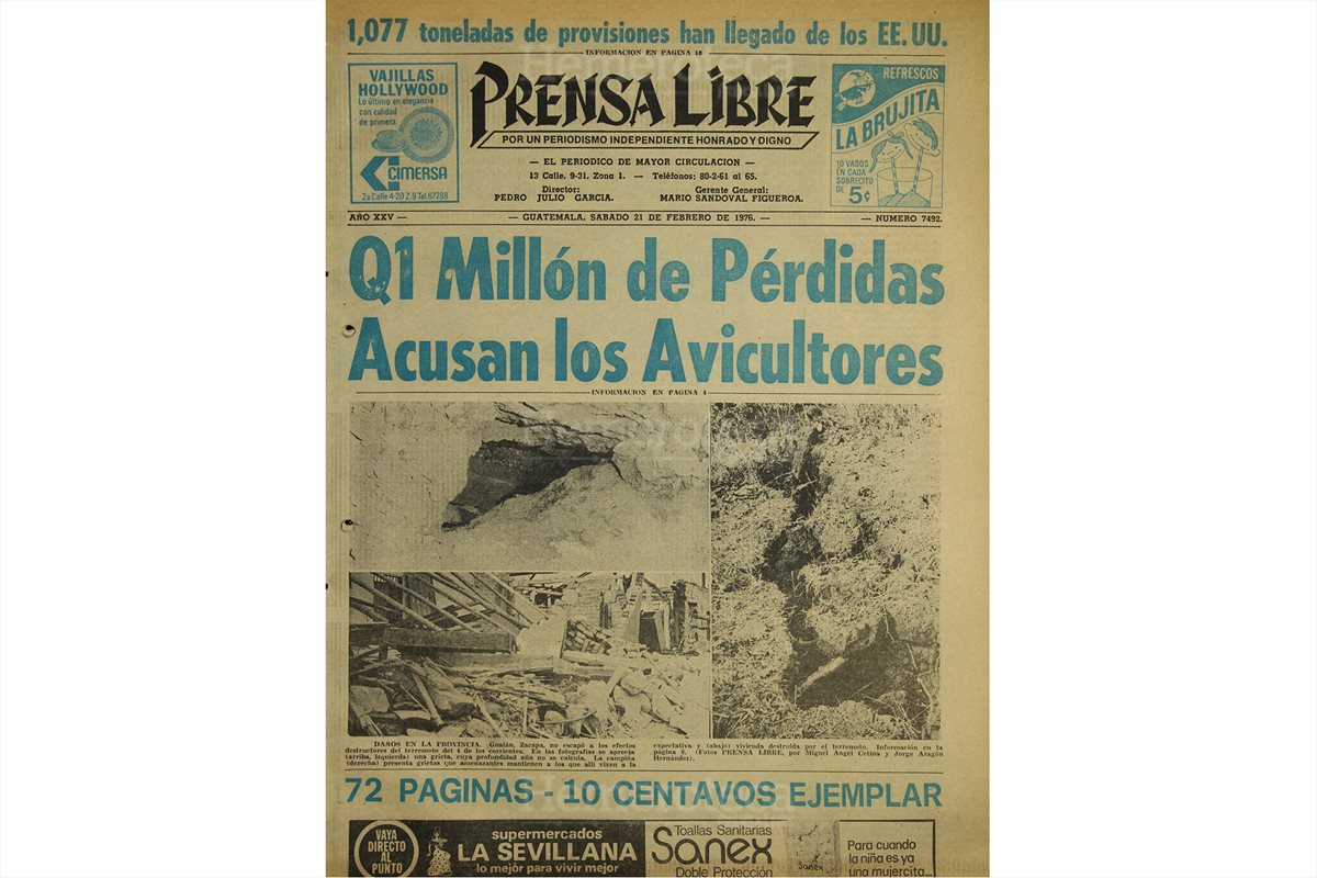 Portada de Prensa Libre del 21/02/1976 sobre daños en las granjas avícolas. (Foto: Hemeroteca PL).