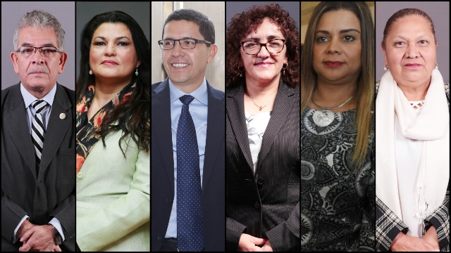 Los seis aspirantes a Fiscal General. De derecha a izquierda: Miguel Ángel Gálvez, Patricia Elizabeth Gámez, Édgar Estuardo Melchor, Brenda Dery Muñoz, Gladys Verónica Ponce y María Consuelo Porras. (Foto Prensa Libre: Elaboración Propia)
