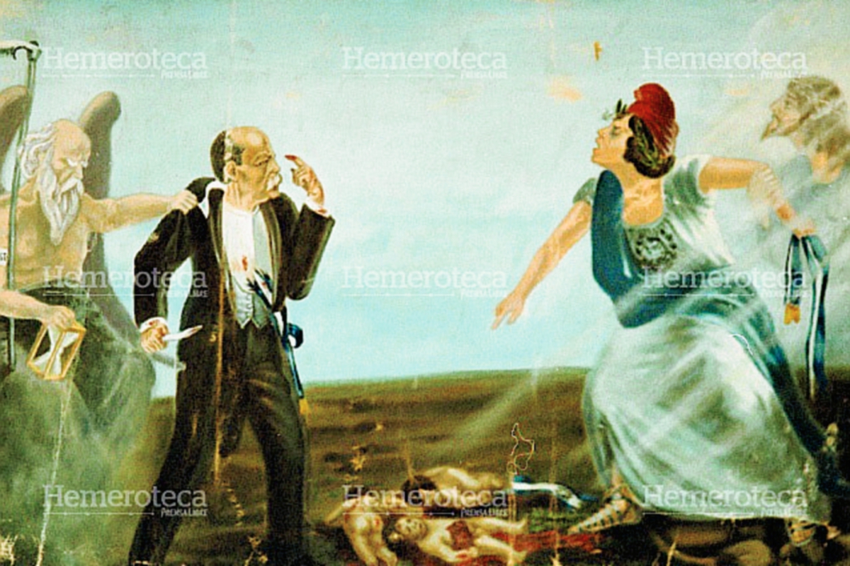 Alegoría del pueblo de Guatemala quitándole el poder al dictador Estrada Cabrera. (Foto Prensa Libre: Hemeroteca)