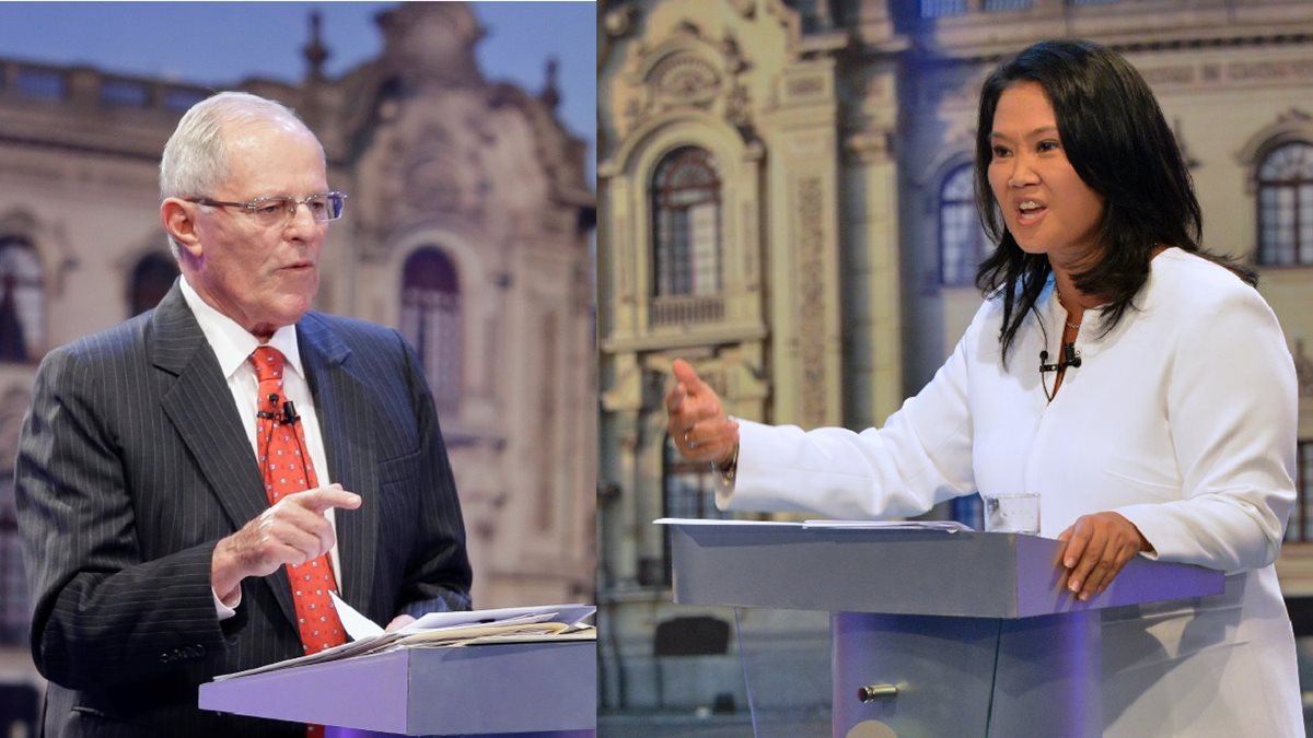 Pedro Pablo Kuczynski y Keiko Fujimori participan en el último debate electoral.(AP).