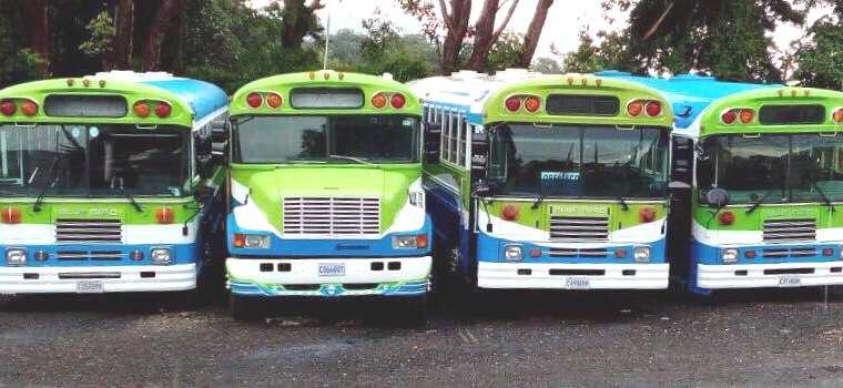 Cuatro autobuses restaurados se encuentran estacionados en la 9a. avenida A, 12 calle, zona 1 de Mixco. (Foto Prensa Libre: Cortesía).