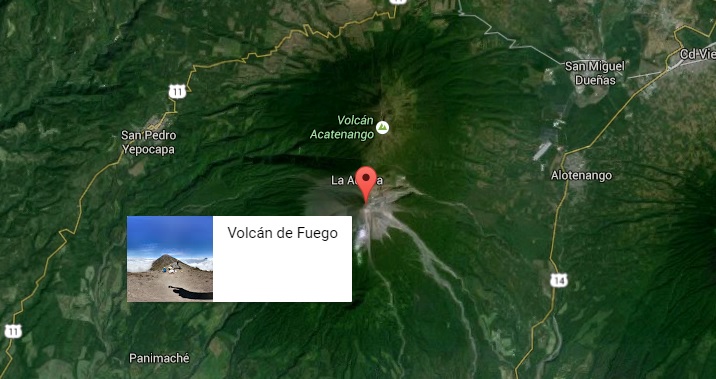 Mapa con la ubicación del Volcán de Fuego. (Foto Prensa Libre: Google Maps)