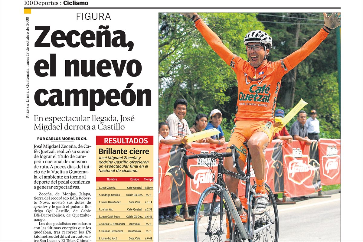 Migdael Zecen?a levanta los brazos al ganar el título de campeo?n nacional de ruta, el 13/10/2008. (Foto: hemeroteca PL)