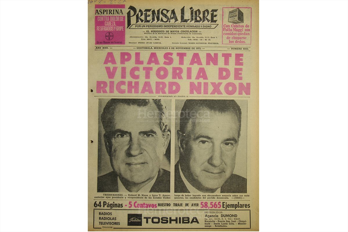 Portada de Prensa Libre del 8/11/72, con el triunfo de Richard Nixon. (Foto: Hemeroteca PL)