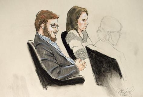 Ilustración que muestra a James Holmes (izquierda) junto a la abogada Tamara Brady (centro) durante el juicio celebrado en Colorado. EE. UU. (Foto Prensa Libre: EFE).