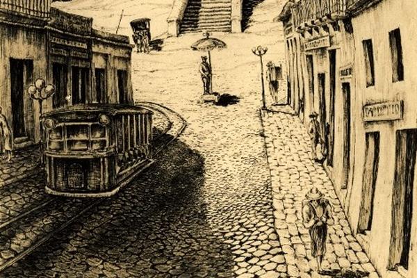 Grabado del decauville frente a la iglesia El Calvario (Foto Prensa Libre: Cortesía Fundación para la Cultura y el Desarrollo).