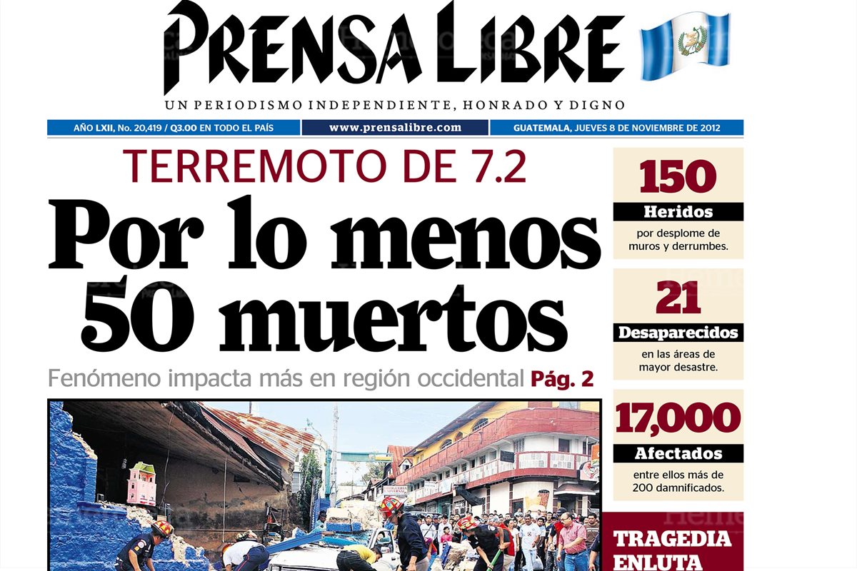 Portada de Prensa Libre del 8/11/2012 informaba sobre la intensidad y daños del terremoto en San Marcos. (Foto: Hemeroteca PL)