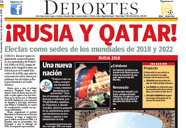 Nota de Prensa Libre del 3 de diciembre de 2010 anunciando las sedes elegidas para organizar los mundiales de futbol 2018 y 2020. (Foto: Hemeroteca PL)