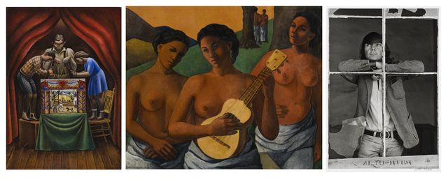 De izquierda a derecha: “Títeres” (1933), de Antonio Ruiz, “El Corzo”. “Mujeres”, (1943), de Cordelia Urueta, y fotografía de Graciela Iturbide al artista José Luis Cuevas, (ca. 1969). (Fotos: Colección Femsa).