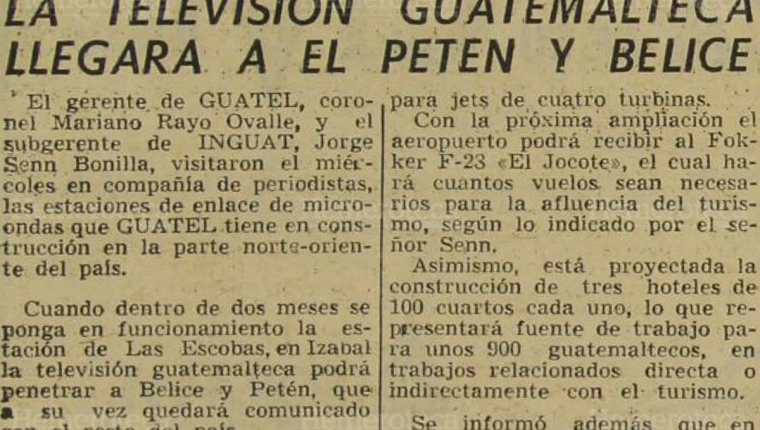 Publicación en donde se hacía mención que la televisión nacional llegaría hasta Petén y Belice. Foto: Hemeroteca PL