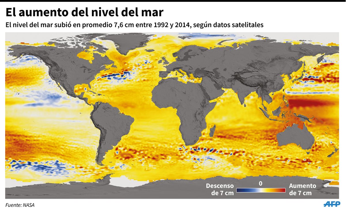 <em>Mapamundi sobre el aumento del nivel del mar desde 1992. (Infografía Prensa Libre: AFP).</em>