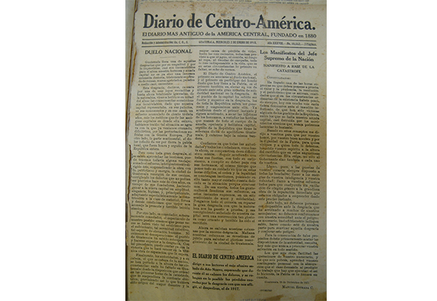 Reproducción de la edición del Diario de Centro América del 2 de enero de 1918, primera después del fatídico terremoto. (Foto: Hemeroteca PL)