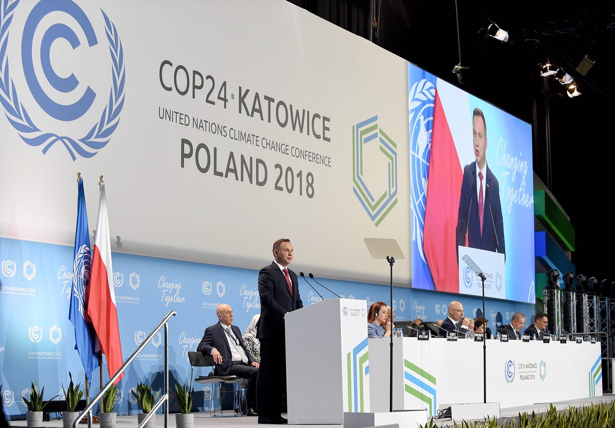 Andrzej Duda, presidente polaco, da un discurso en la apertura de la COP24. (Foto Prensa Libre: AFP)