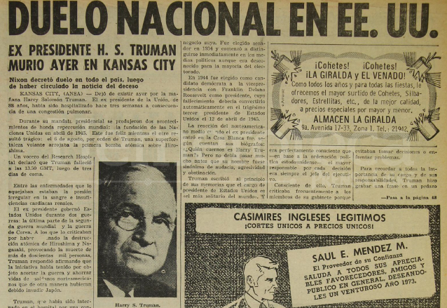 Nota del 27/12/1972 sobre la muerte de Harry Truman. (Foto: Hemeroteca PL)