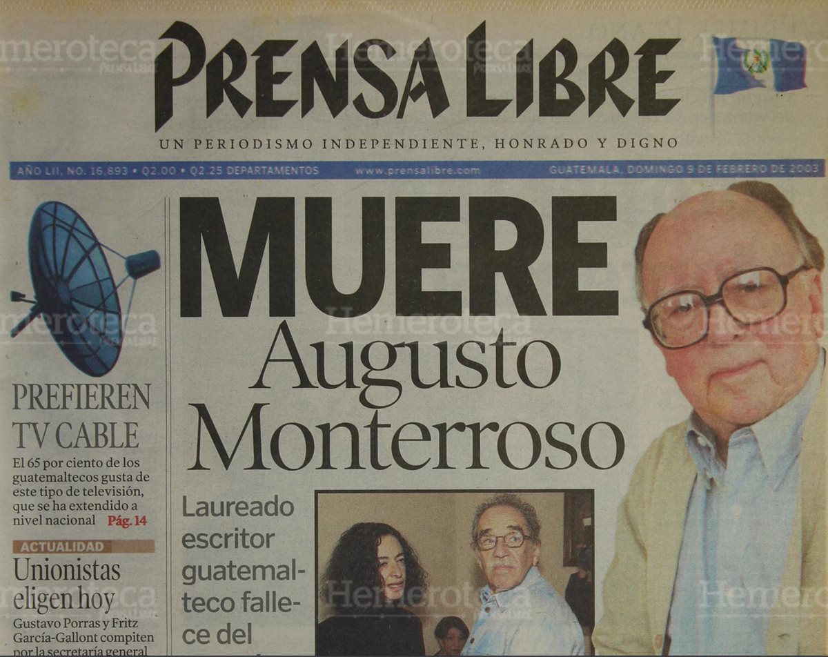 Portada de Prensa Libre del 9/2/2003 que daba a conocer la muerte del escritor guatemalteco Tito Monterroso. ( Foto: Hemeroteca PL)