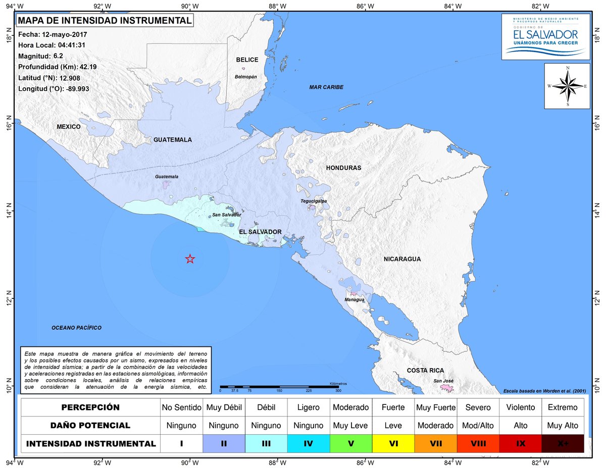Mapa de intensidad del sismo ocurrido a las 4.41 horas. (Foto Prensa Libre: @MARN_SV)