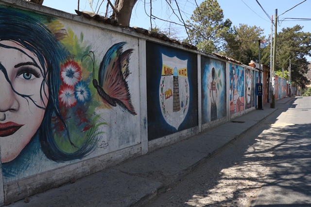 Los vecinos de la zona 1 de Huehuetenango pueden observar varias obras de arte en las paredes del Instituto Normal Mixto Alejandro Córdova. (Foto Prensa Libre: Mike Castillo)