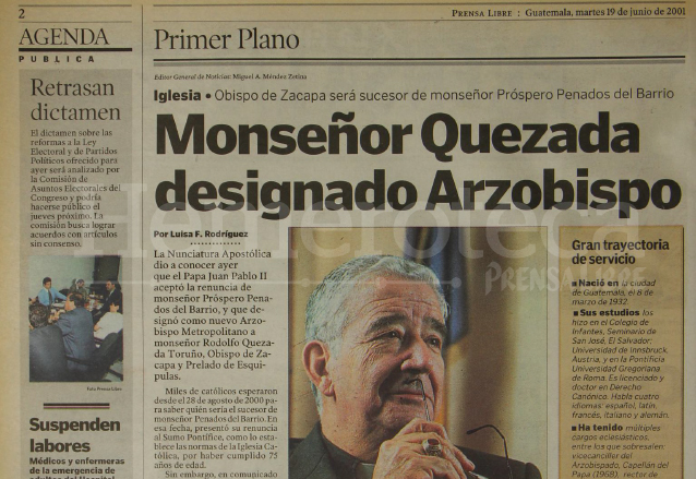 Nota de Prensa Libre del 19 de junio de 2001 informando sobre la designación de Quezada como nuevo Arzobispo metropolitano. (Foto: Hemeroteca PL)