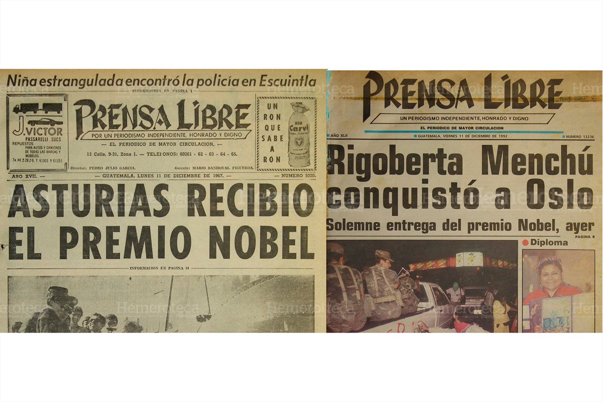El 11/12/1967 Prensa Libre informa que Miguel Angel Asturias había ganado el Premio Nobel de Literatura. El 11/12/1992 Rigoberta Menchú ganaba el premio Nobel de la Paz. (Foto: Hemeroteca PL)