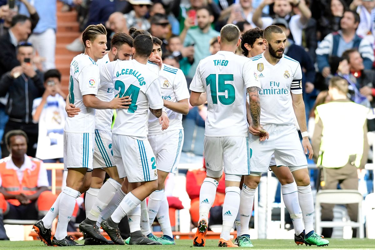 Los jugadores del Real Madrid festejan ante el Leganés. (Foto Prensa Libre: AFP)