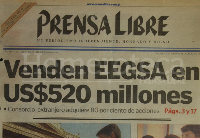 Titular de Prensa Libre del 31 de julio de 1998 informando sobre la venta de la empresa estatal EEGSA. (Foto: Hemeroteca PL)