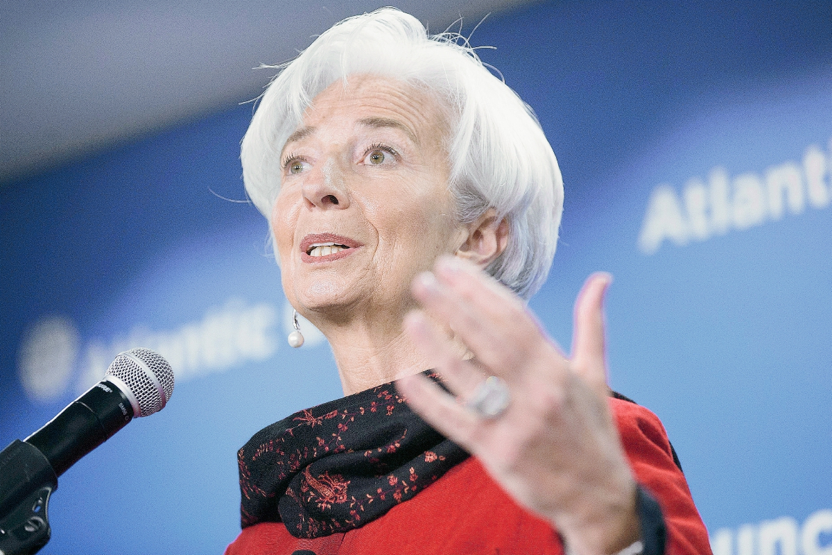 Christine Lagarde del FMI, en su discurso sobre la situación de la economía mundial, previo a la reunión de primavera. (Foto Prensa Libre: EFE)