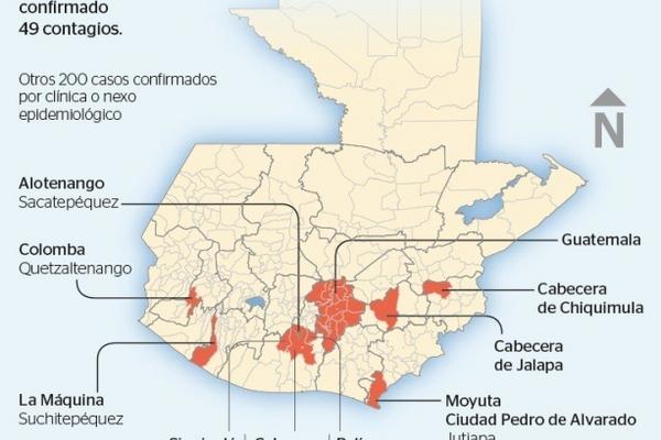Mapa muestra avance de chikungunya en el país. (Infografía Prensa Libre: Rosana Rojas)