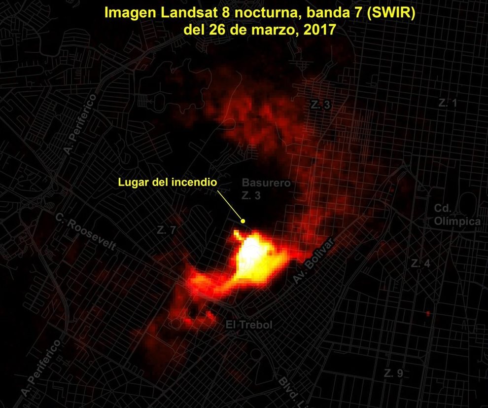 La imagen satelital muestra la radiación que provocó el incendio en la zona 7.(Foto Prensa Libre: Rüdiger Escobar)