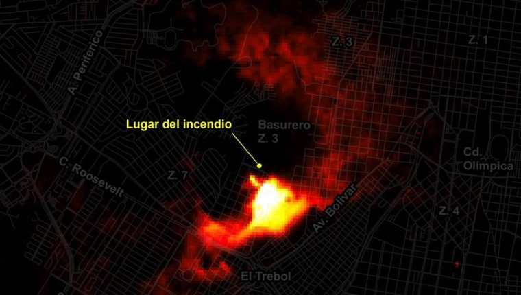 La imagen satelital muestra la radiación que provocó el incendio en la zona 7.(Foto Prensa Libre: Rüdiger Escobar)