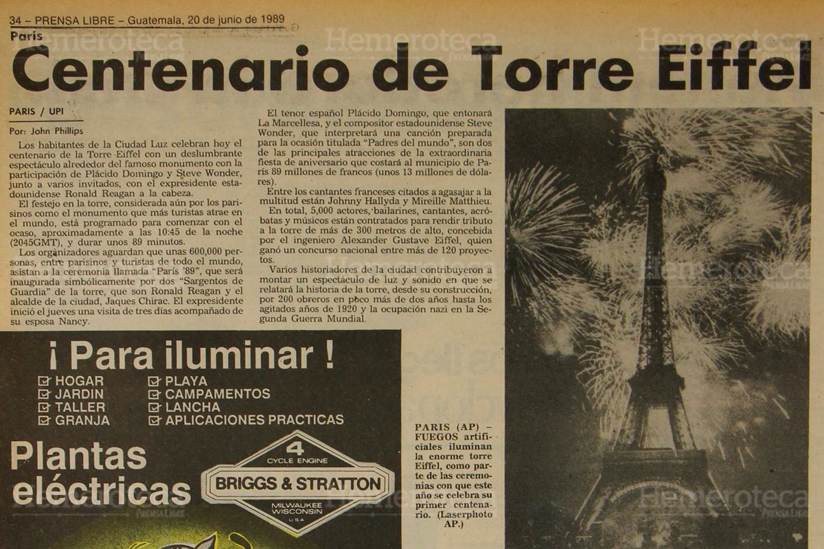 Prensa Libre publicó el 19 de junio 1989 en la Sección Internacional la clausura de los festejos del centenario de la Torre Eiffel de París, Francia. La celebración se extendió hasta fin de año. (Foto: Hemeroteca PL)