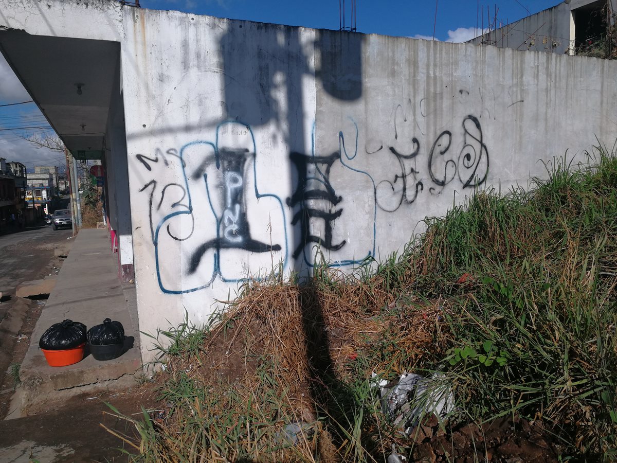 Las paredes pintadas en casas de la calle principal de Santa Anita, Boca del Monte, Villa Canales, son muestra de la presencia de pandilleros. (Foto Prensa Libre: )
