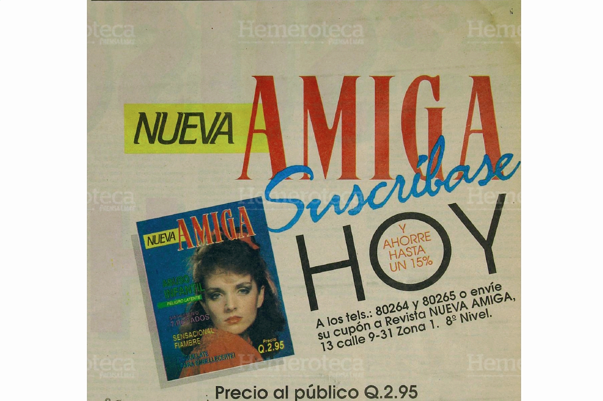 Publicacion  del primer anuncio, el cual da a conocer la revista Amiga, que publicara Prensa Libre. Foto. Hemeroteca PL.
