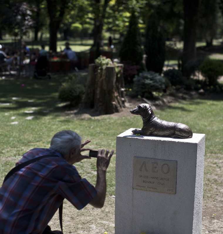 Un hombre toma una fotografía al monumento a Leo, a quien niños y grandes suelen visitar en Pacevo, Serbia. (Foto Prensa Libre: AP).