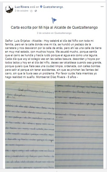 La madre de la menor publicó la carta en las redes sociales, donde se hizo viral. (Foto Prensa Libre: María José Longo)