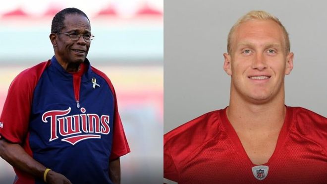 Rod Carew, estrella de los Mellizos de Minnesota, y el exjugador de los Ravens de Baltimore, Konrad Reuland. (Getty Images)