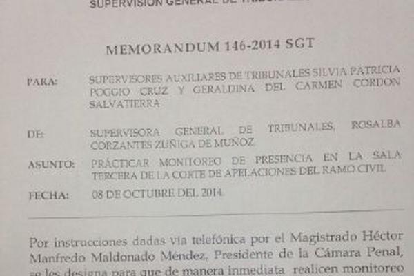 Imagen del memorándum que ordena supervisar a los jueces. (Foto Prensa Libre)