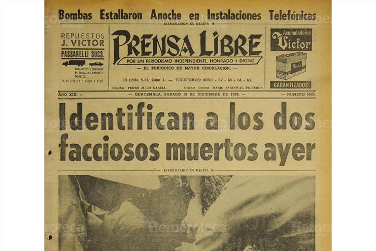 Portada de Prensa Libre del 13/12/1969 dio a conocer ataque armado en contra de policías nacionales. (Foto: Hemeroteca PL)