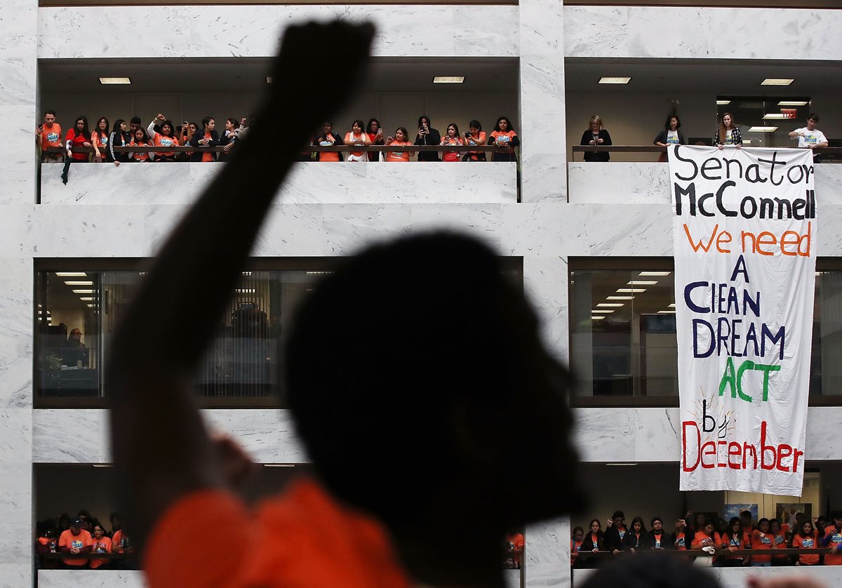 WASHINGTON, DC - NOVEMBER 09: Dreamers fill the halls and atrium during a protest inside of the Hart Senate Office Building on November 9, 2017 in Washington, DC. Dreamers were protesting to urge Senate Republicans to support the Deferred Action for Childhood Arrivals (DACA) program.   Mark Wilson/Getty Images/AFP== FOR NEWSPAPERS, INTERNET, TELCOS & TELEVISION USE ONLY ==
