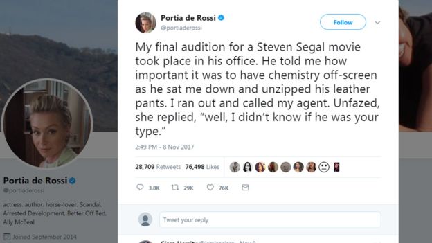 Portia de Rossi escribió en un tuit: "(Seagal) me sentó y se desabrochó los pantalones de cuero. Corrí y llamé a mi agente". TWITTER