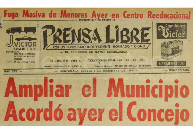Titular de Prensa Libre del 4/12/1969. (Foto: Hemeroteca PL)