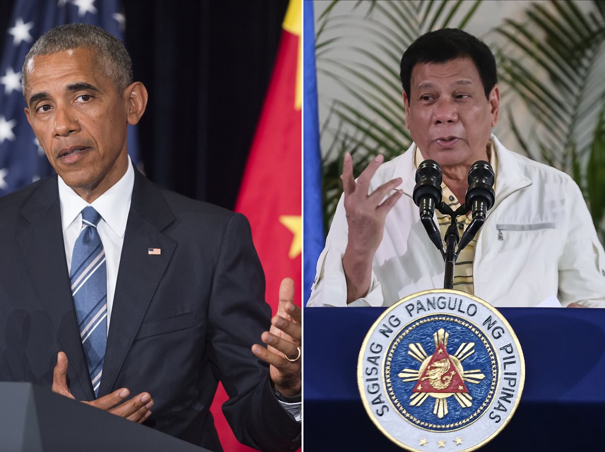 El presidente filipino, Rodrigo Duterte, (d), levanta de nuevo la polémica al insultar al presidente de EE. UU., Barack Obama (i). (Foto Prensa Libre: AFP).