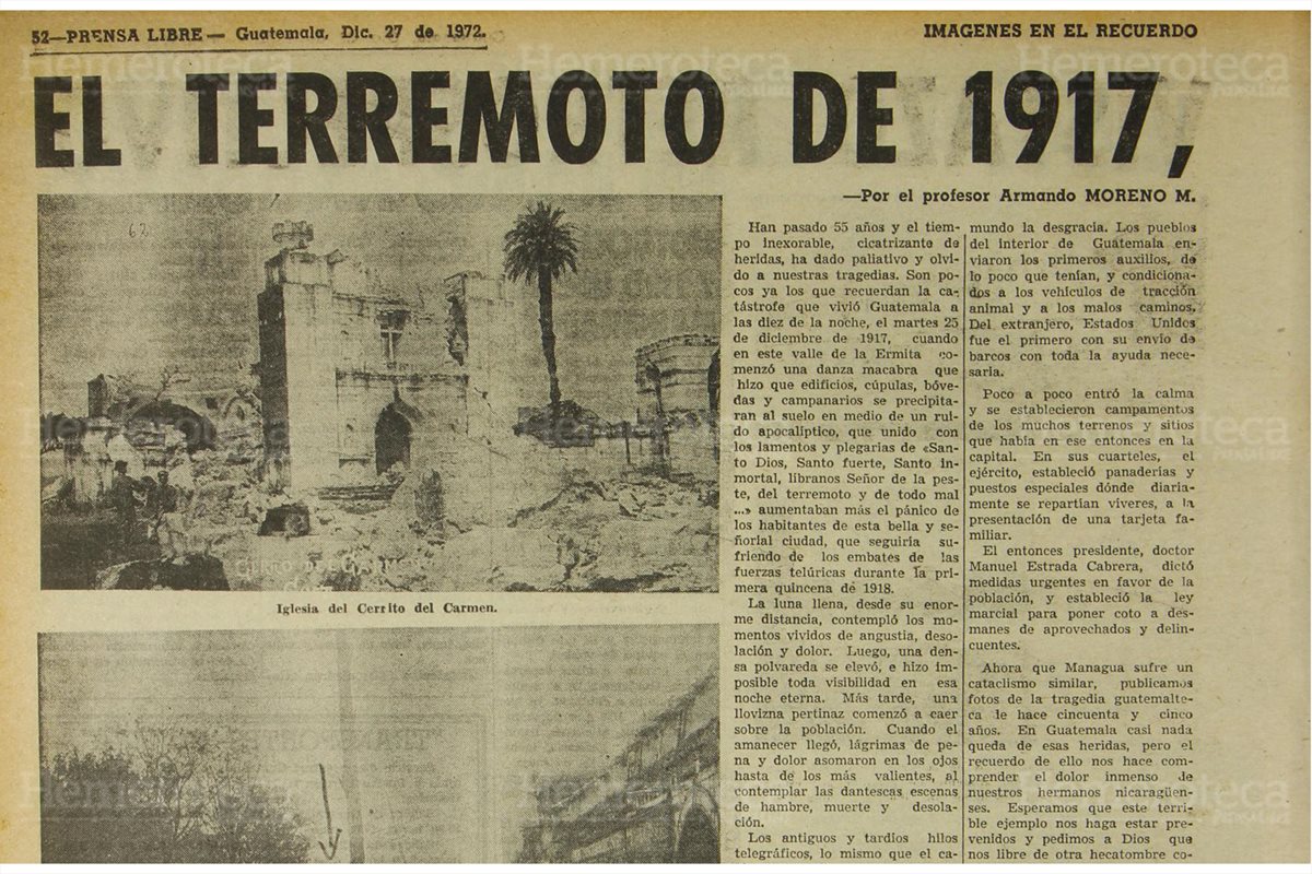 Pagina de Prensa Libre del 27/12/1972 la cual rememora el trágico terremoto de 1917 que devastó a Guatemala. (Foto: Hemeroteca PL)