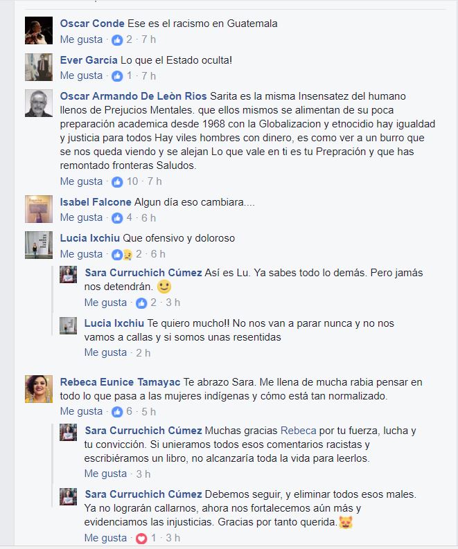 Comentarios y respuestas de Sara Curruchich en su publicación en Facebook. (Foto Prensa Libre: Facebook).