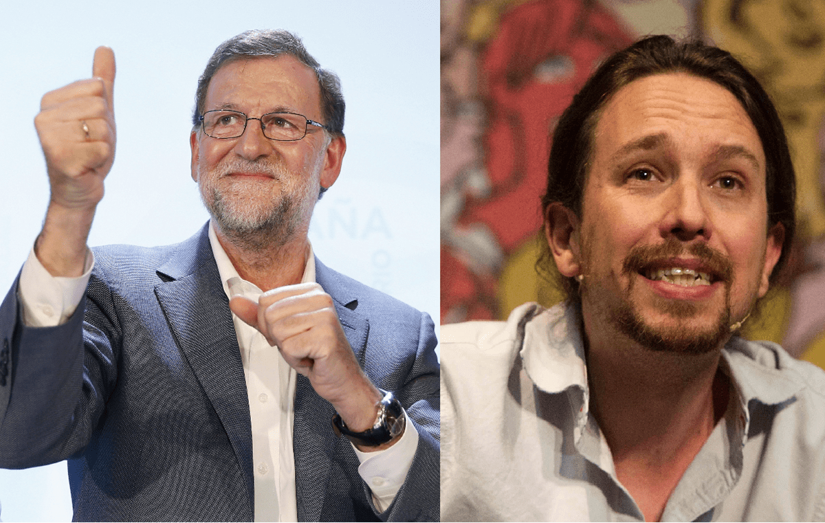 Mariano Rajoy,(i), presidente del Partido Popular (PP) y Pablo Iglesias de Unidos Podemos.Las encuestas apuntan a Podemos en segunda posición después del PP. (Foto Prensa Libre: AFP)