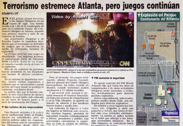 Noticia informando sobre el atentado terrorista en Atlanta 1996. (Foto Prensa Libre: Hemeroteca)