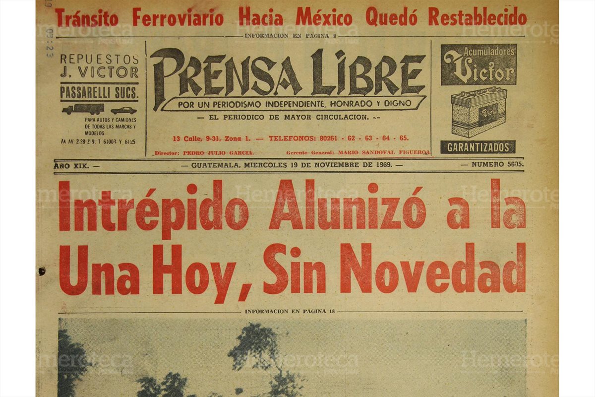 19/11/1969 Portada de Prensa Libre sobre alunizaje del Intrépido. (Foto: Hemeroteca PL)