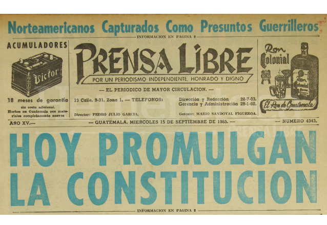Titular de Prensa Libre del 15 de septiembre de 1965. (Foto: Hemeroteca PL)